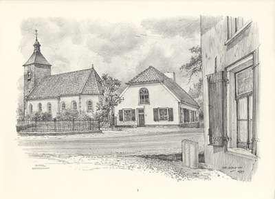 809987 Gezicht vanaf de Dorpsstraat te Bunnik op de Nederlands Hervormde kerk en een van de Witte Huisjes (Kerkpad 3).